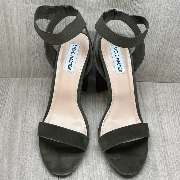 Steve Madden Celebrate Heeled Sandal Womens 9.5M Elastic Ankle Strap Suede Olive - Picture 3 of 13
